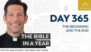 The Bible in a Year with Fr. Mike Schmitz podcast promo graphic featuring the Ascension logo and a portrait of Fr. Mike.