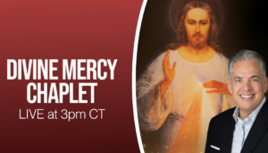 Minimalist podcast cover art with a stylized heart icon and red/white light beams. Large bold text at the center reads 'Divine Mercy Chaplet'